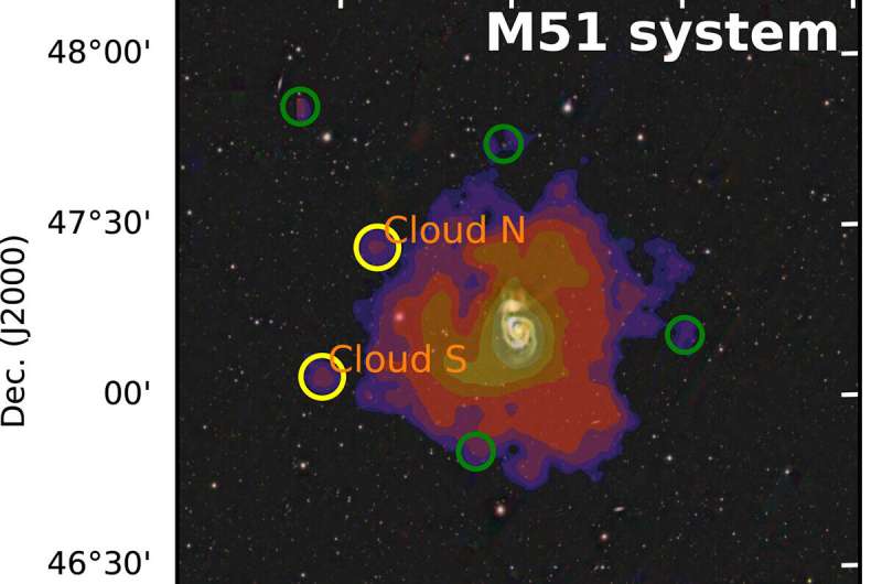 Розподіл нейтрального водню навколо M51 з позначеними Cloud N та Cloud S